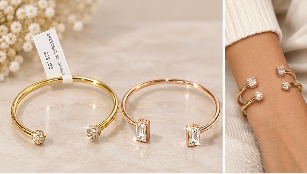 $72 Set 2 Gold Cuff Bracelet Set crystal Rhinestone Open Bangle Bracelets gift